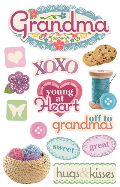 3D scrapbook stickers featuring pastel colors with cookies, yarn and sewing thread.