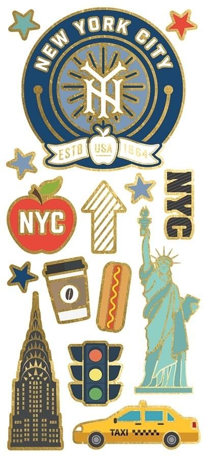 foil stickers featuring illustrated New York City icons with gold details, shown on white background.