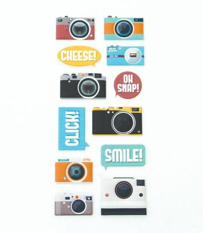 puffy stickers featuring colorful cameras, shown on white background.