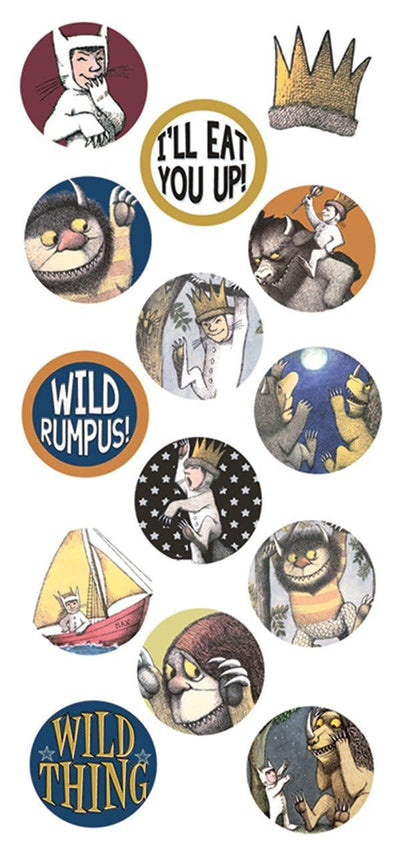 puffy stickers featuring Where the Wild Things Are characters and scenes, shown in circles on white background.