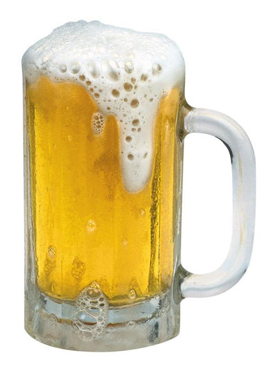 shaped note card featuring photographic mug of beer on a white background.