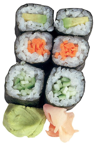 die cut note card featuring photo real sushi with ginger and wasabi, shown on white background.