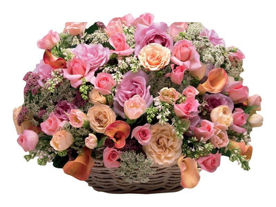 die cut note card featuring a photo real basket of pink and peach flowers, shown on white background.
