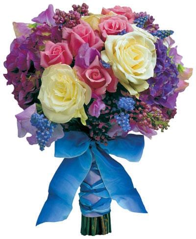 die cut note card featuring a photo real purple, pink and blue bouquet of flowers, shown on white background.