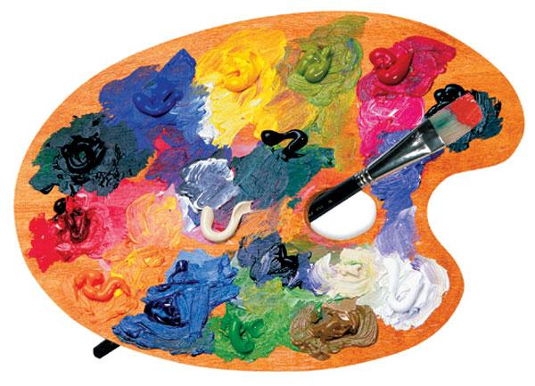 die cut note card featuring a photo real artist palette with colorful paints and a brush, shown on a white background.