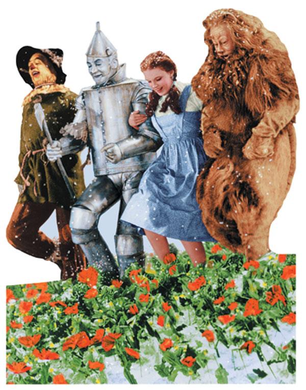die cut note card featuring Dorothy, the Tin Man, the Scarecrow, and the Cowardly Lion as they frolic through the poppy fields.