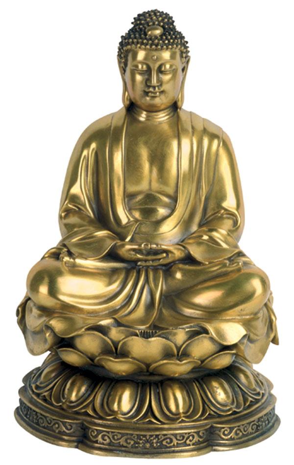 die cut note card featuring a photo real, gold buddha statue, shown on white background.