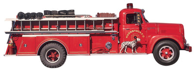 die cut note card featuring a photo real red fire truck with dalmation, shown on white background.