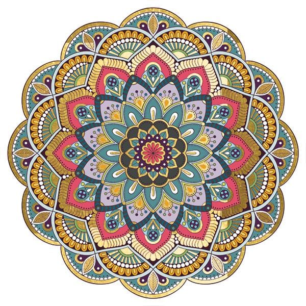 die cut note card featuring colorful mandala with gold details, shown on white background.