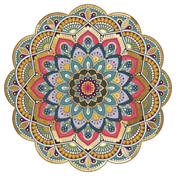 die cut note card featuring colorful mandala with gold details, shown on white background.