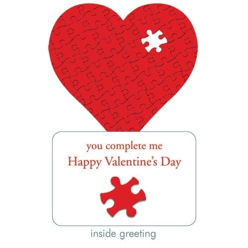 note card featuring a die cut, shaped red heart with a puzzle piece missing, shown with a close up of the inside Valentine&