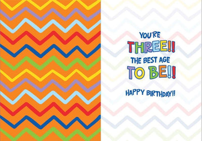 birthday card featuring a colorful inside spread with "You're Three! The best age to be!".
