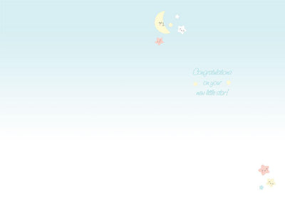 baby note card featuring inside spread with light blue background and illustrated stars and moon.