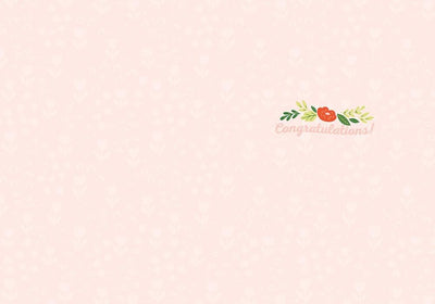 note card featuring the inside spread with Congratulations and illustrated flowers on a peach patterned background.