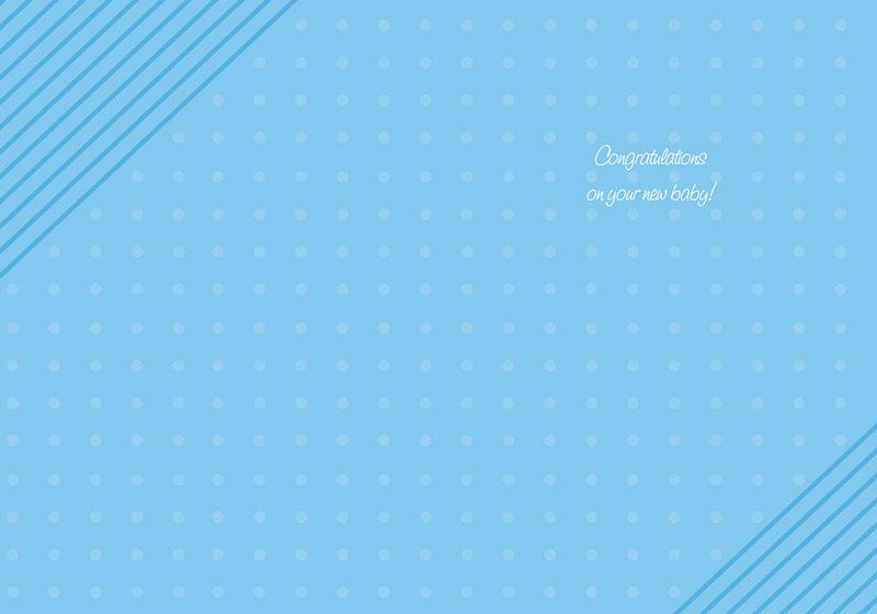 note card featuring the inside spread with baby congratulations on a blue patterned background.