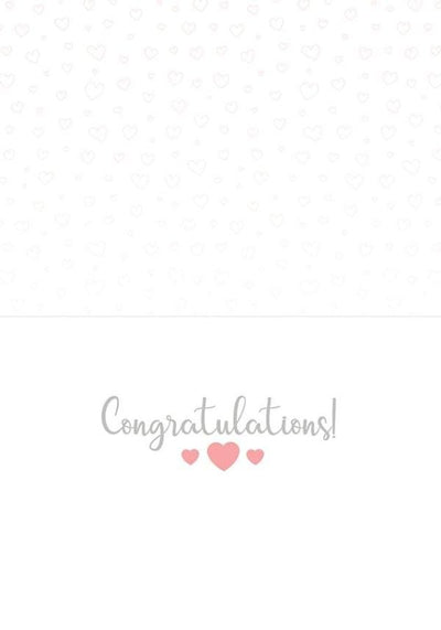 note card featuring Congratulations with pink hearts on inside spread.