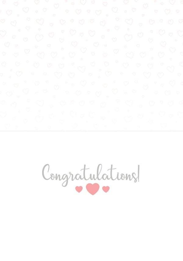 note card featuring Congratulations with pink hearts on inside spread.
