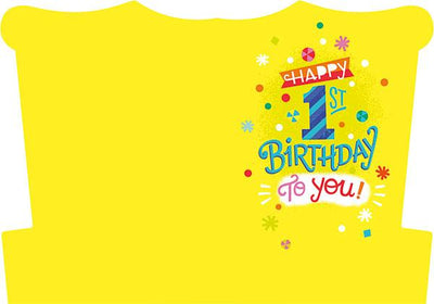 inside spread of a note card featuring a colorful Happy First Birthday sentiment on a solid yellow background.