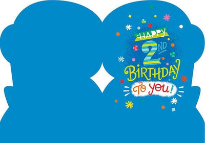 Inside spread of note card featuring a colorful Happy 2nd Birthday on a blue background.