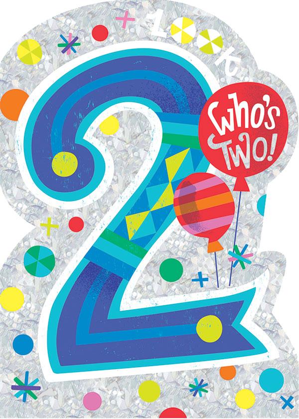 note card featuring a large, blue number 2 with silver foil accents shown on a white background. 