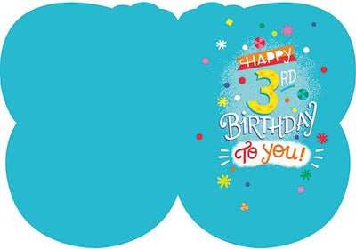 inside spread of note card featuring colorful Happy 3rd Birthday on a solid blue background.