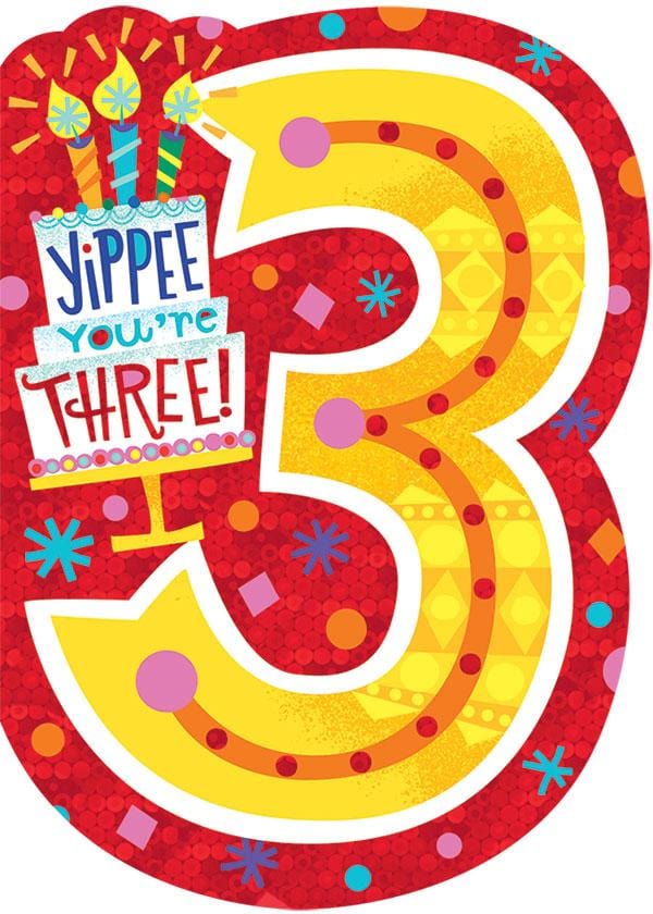 note card featuring a large, yellow number 3 with bright colored accents