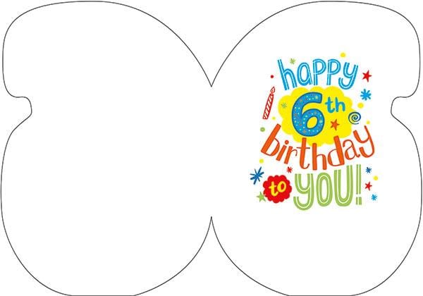 inside spread of note card featuring colorful Happy 6th Birthday sentiment on a white background.