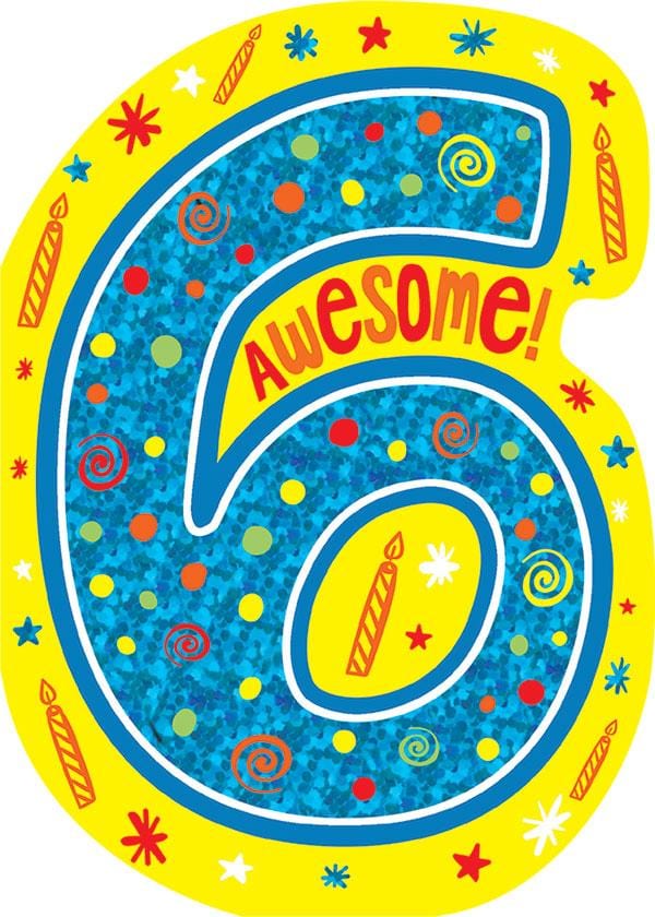 note card featuring a large, blue number 6 on a yellow background shown on a white background.