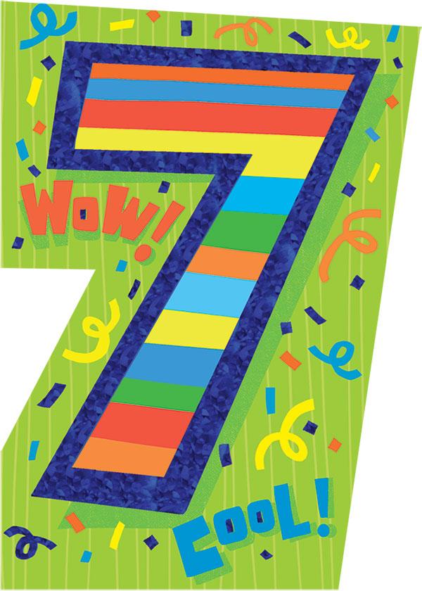 note card featuring a large, colorful, striped number seven on a green background shown on a white background.