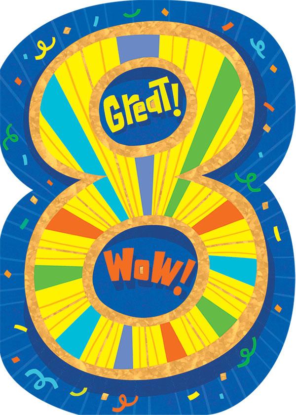 note card featuring a large yellow number 8 on a colorful blue background shown on a white background.