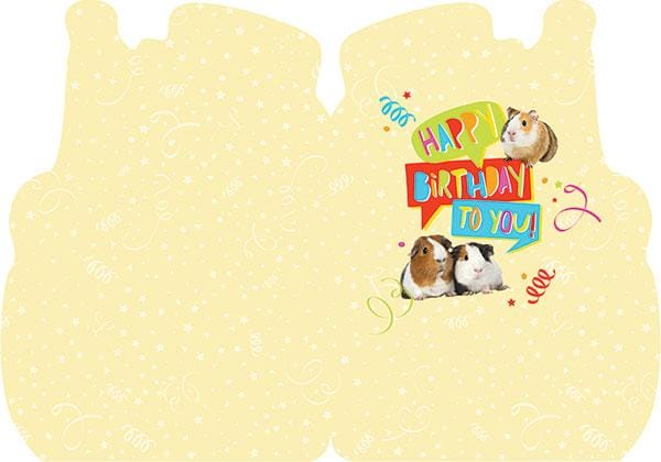 CF-7008E - Guinea Pig Foil Card - Yellow scalloped greeting card featuring three guinea pigs and "Happy Birthday to You" text with confetti and party elements