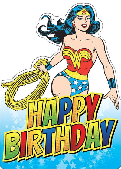 shaped birthday note card featuring Wonder Woman with colorful foil accents shown on white background.