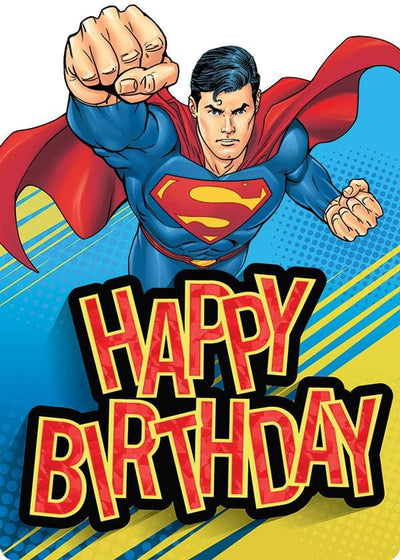 birthday note card featuring superman flying with his fist reaching forward on a colorful blue and yellow background with bright foil accents.