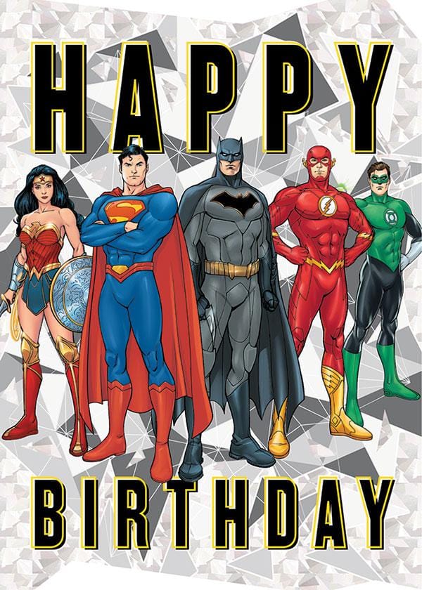 birthday note card featuring the entire Justice League on a silver foil patterned background.