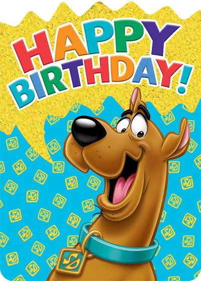 Birthday note card featuring a colorful smiling scooby doo