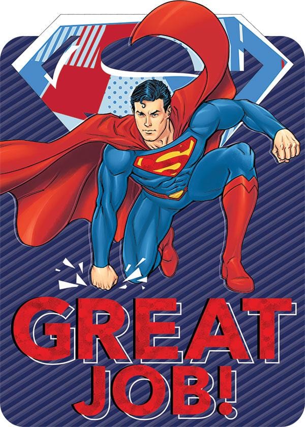 note card featuring superman on a blue background with "GREAT JOB" in bright red featuring foil accents.