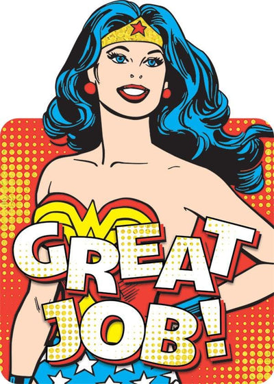 shaped note card featuring Wonder Woman with the words "Great Job" with colorful foil accents shown on white background.