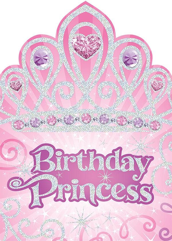 birthday princess note card featuring a pink patterned background and a silver sparkly tiara.