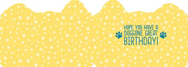 CF-7020E - Puppies Foil Card - Yellow scalloped card with white stars and blue paw prints with "Hope you have a paws-ome great birthday!" text