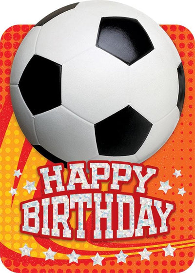 birthday note card featuring a photo real soccer ball on a colorful orange patterned background with foil highlights.