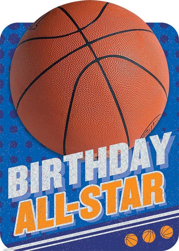 birthday note card featuring a photo real basketball on a blue polka dot background with silver foil accents.
