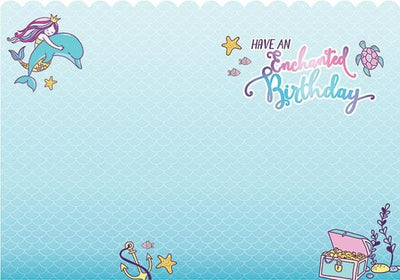 inside spread of note card featuring birthday sentiment on a blue patterned background with mermaid, dolphin and treasure chest.