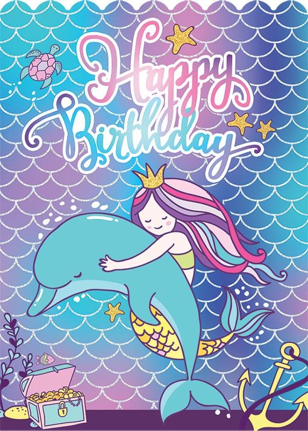 birthday note card featuring an illustrated mermaid and dolphon on a blue and purple background with silver foil accents.