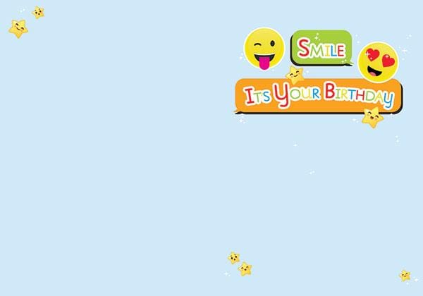 inside spread of birthday note card featuring colorful emojis and birthday sentiment on a light blue background.