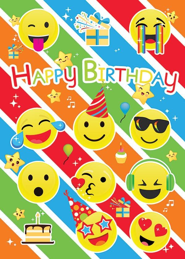 birthday note card featuring colorful emojis on a colorful striped background.