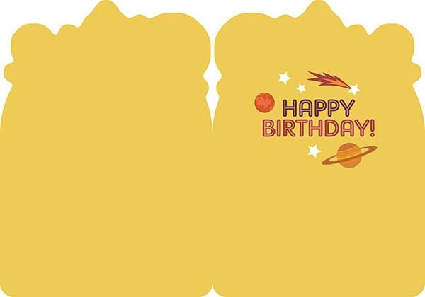 CF-7029E - Note Card - Out of This World Foil - Yellow greeting card with "Happy Birthday" text and space-themed foil design featuring planets, stars, and a comet