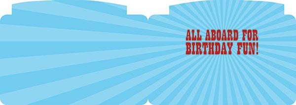 inside spread of note card featuring All Aboard for Birthday Fun! on blue patterned background.