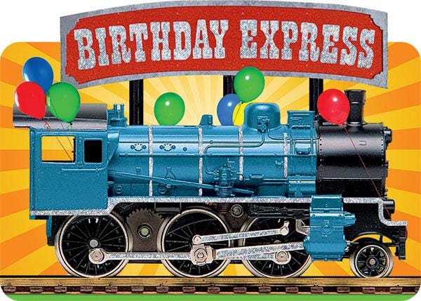 note card featuring a colorful birthday express train with balloons shown on a white background.