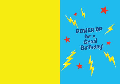 inside spread of note card featuring birthday sentiment on a yellow and blue background with red stars and yellow lightening.