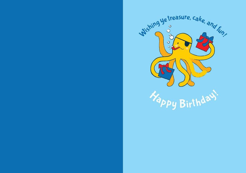 note card inside spread featuring birthday sentiment with a yellow illustrated octopus on a blue background.
